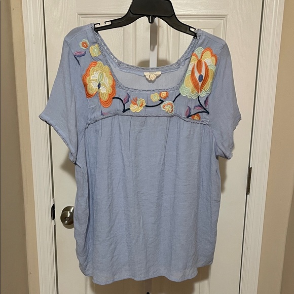 Perch By Blu Pepper Tops - Floral Embroidered Light Blue Blouse